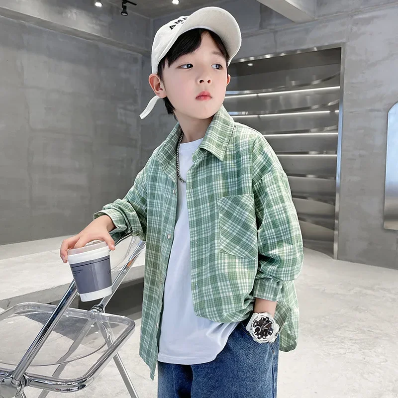 Spring Autumn Plaid Shirt Thin Outerwear for Boys Mid Large Children Fashionable Clothing Spring Autumn Style Lightweight Jacket
