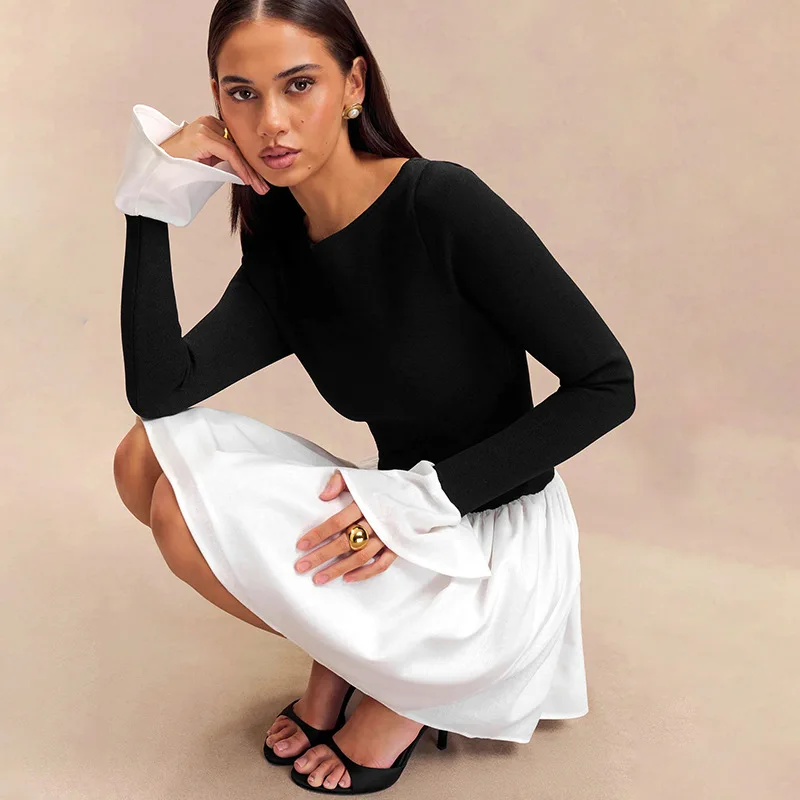 Ruffled Contrast Casual Mini Dress Women's Patchwork High Waist Elegant Fashion Party Dress Female Y2k Mini Dress New