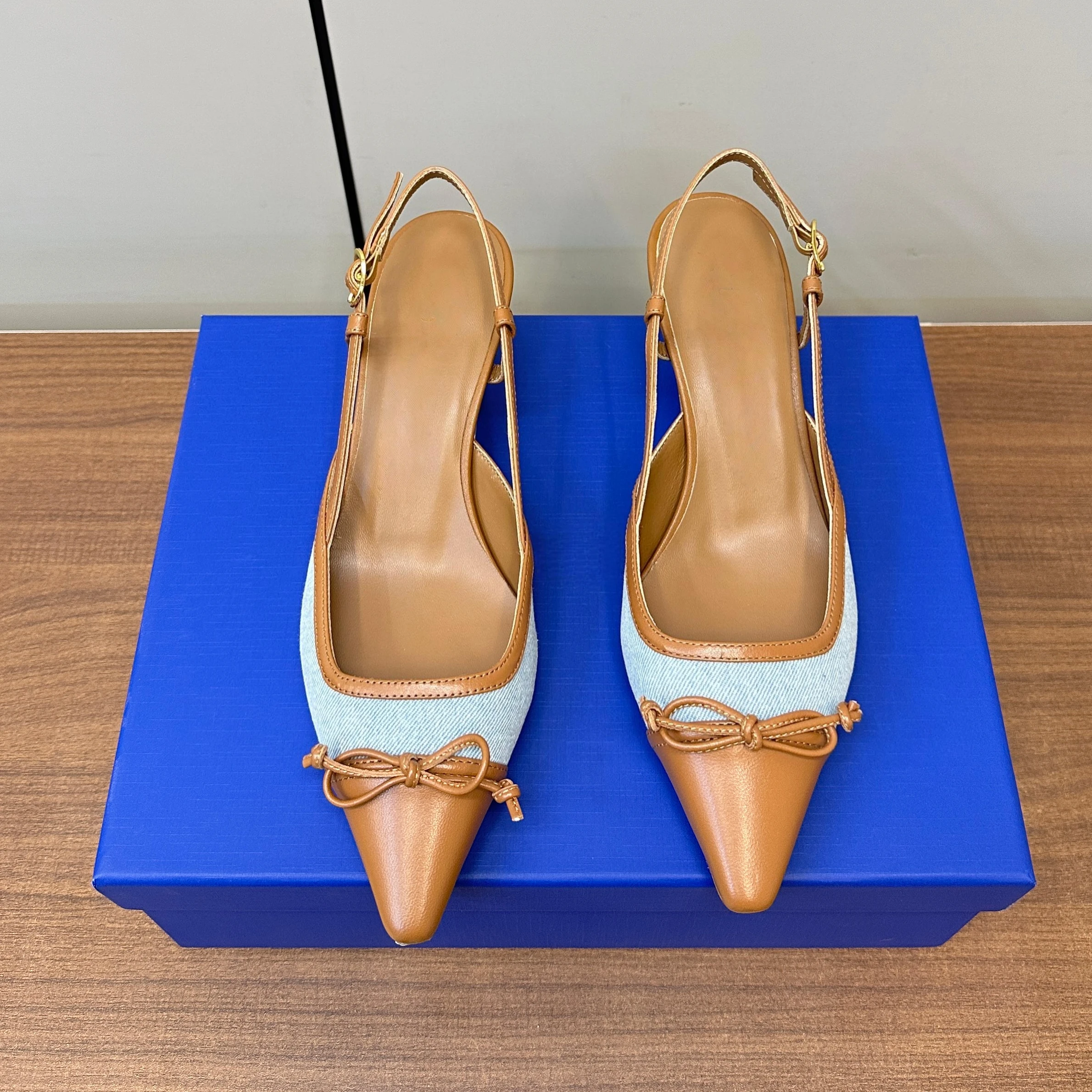 Newest Summer Genuine Leather Pointed-Toe High Heel Slingback Woman Sandals Dress Pumps Butterfly-Knot Decora Bota Feminina