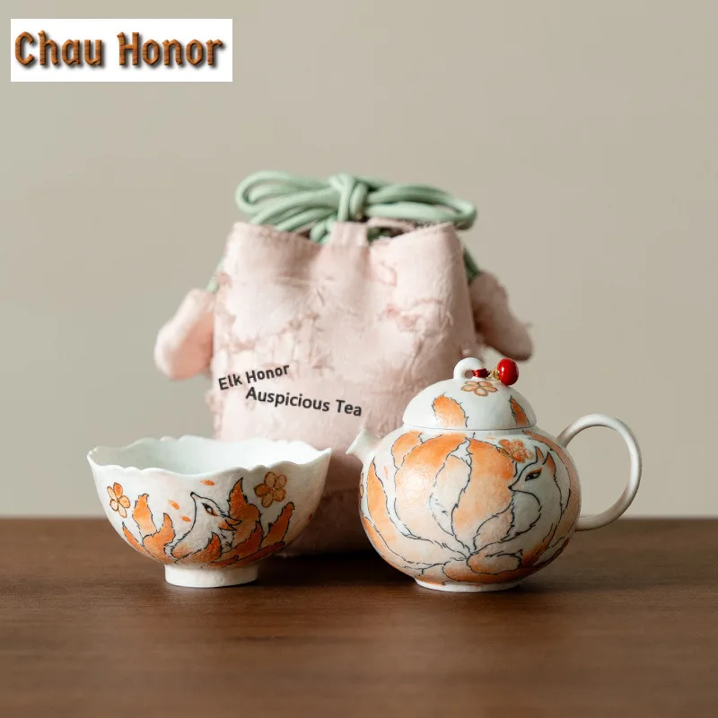 Pure Hand-drawn Nine-tailed Fox Travel Tea Set Kit Handmade 1 Pot 1 Cups Tea Brewing Organizer Portable Camping Tote Bag Gift