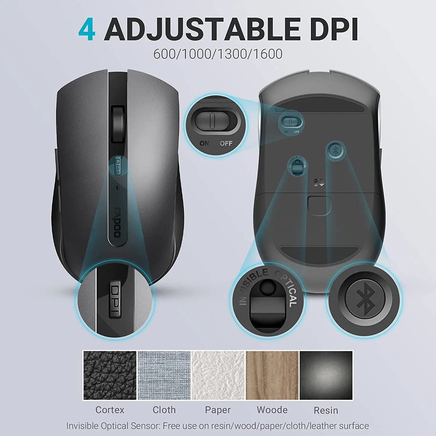 Rapoo-mouse Silencioso Ergonômico Multi-modo sem Fio Bluetooth 3.0 4.0 1600dpi 7200m 2.4g Compatível com Computador pc Laptop - Imagem 3