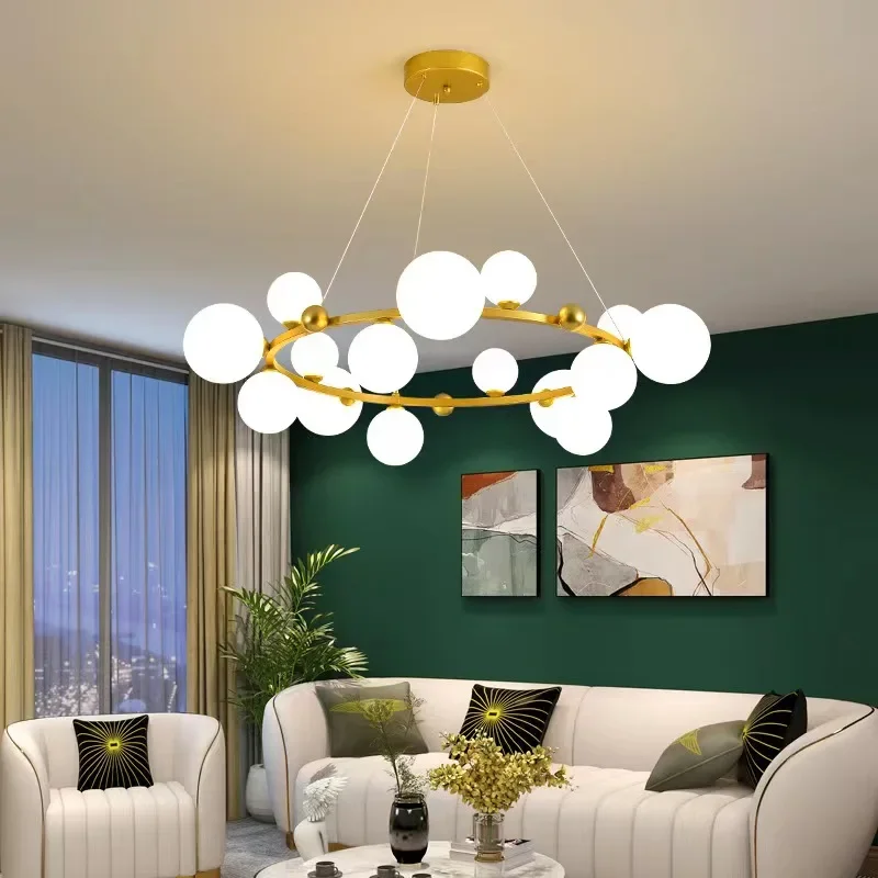 

Nordic Round LED Chandelier Glass Ball Gold Black Pendant Lamp Restaurant Kitchen Living Room Ring Home Decor Lighting Fixtures