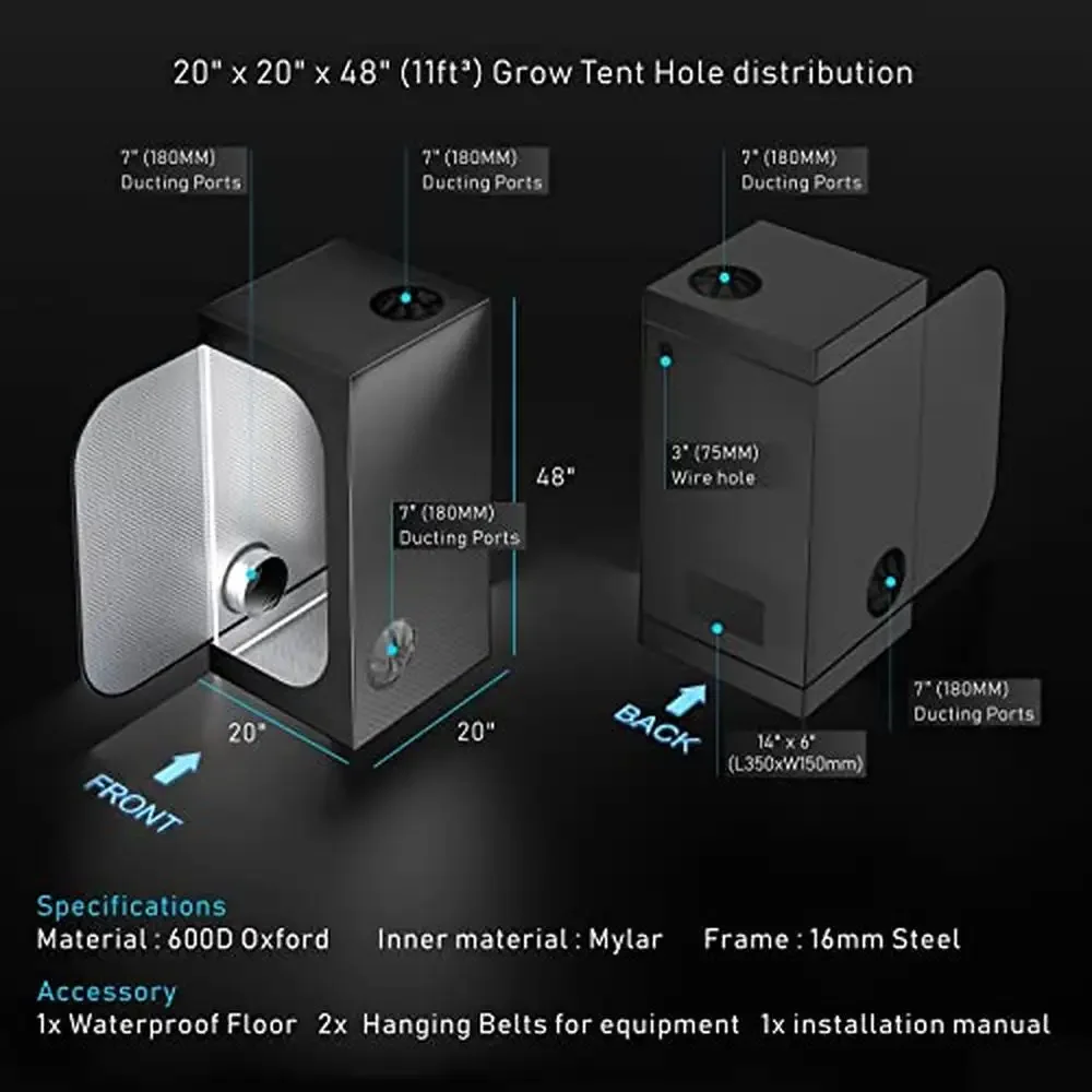 20x20x48 Indoor Grow Tent High Reflective Mylar Gardening Small Room Durable Frame Removable Floor Multiple Vents Easy Assembly