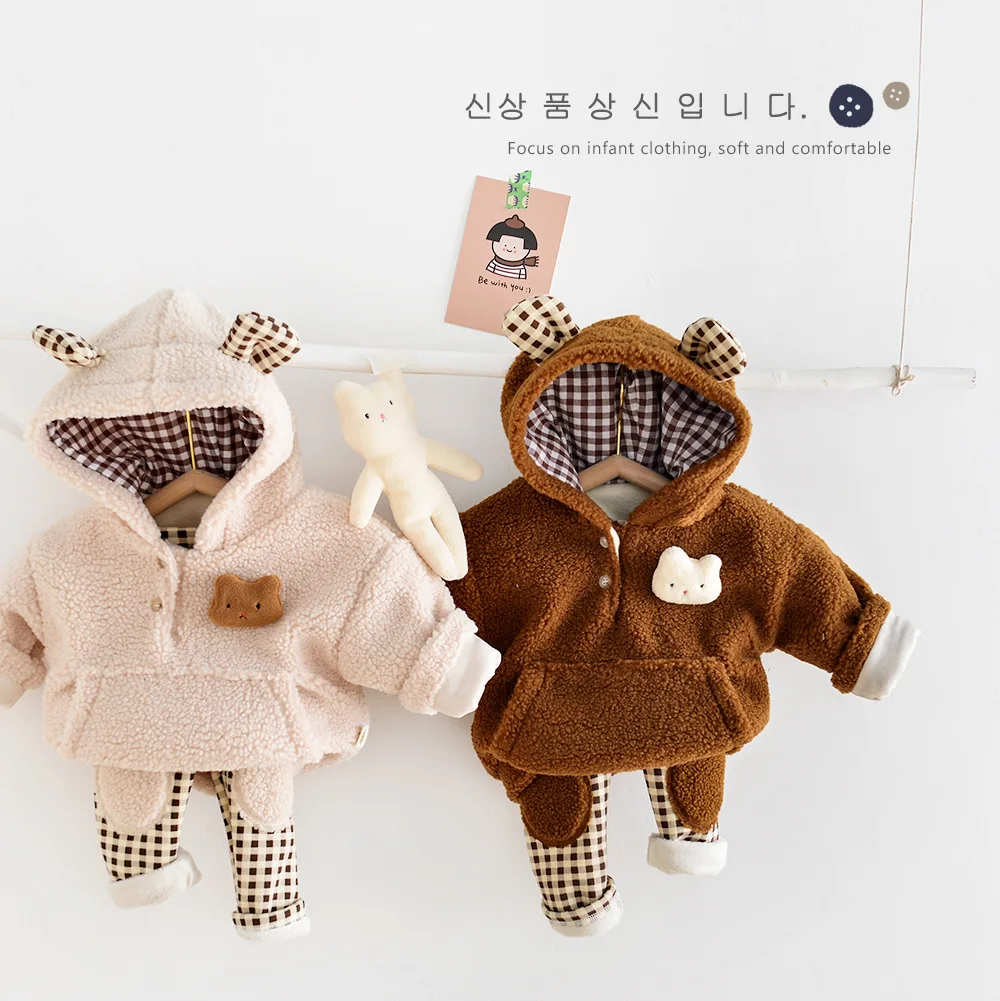 MILANCEL Baby Clothing Set Cartoon Girls Hoddie And Palid Pants 2 PCs Boys Suit Fur Lining Infant Outfit