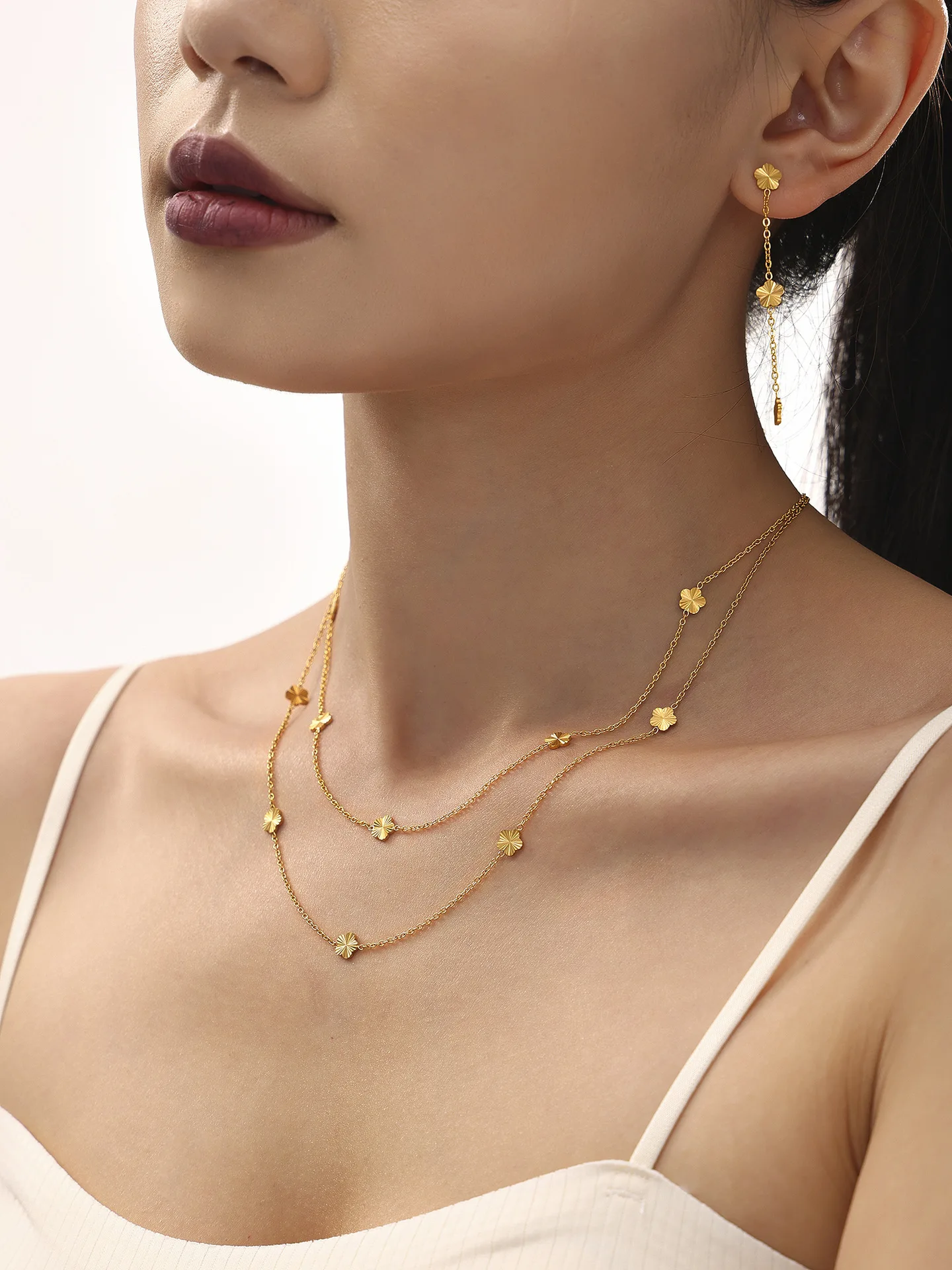 Edelstahl Blume Anhänger Halskette Lange Quaste Ohrringe für Frauen Luxus Vergoldete Halskette Ohr Stud Mädchen Schmuck Set – Detail 7