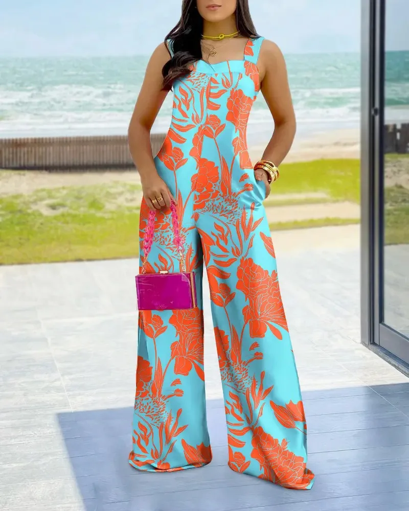 

Fashion Women Trend Printing Playsuit Casual Loose Sleeveless High Waist Pocket Stitching Wide Leg Jumpsuit Women Femme