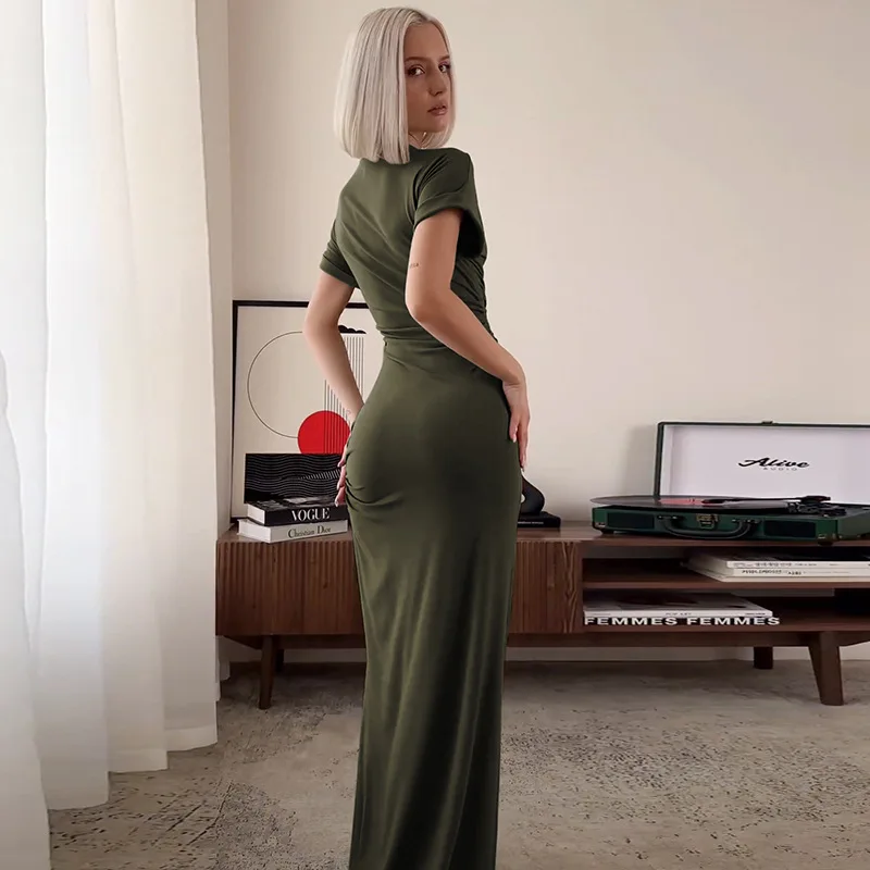 Women's Elegant O Neck Maxi Dress Short Sleeve Slim High Waist Shirring Dress Sexy Side Slit Evening Club Bodycon Dress Lady