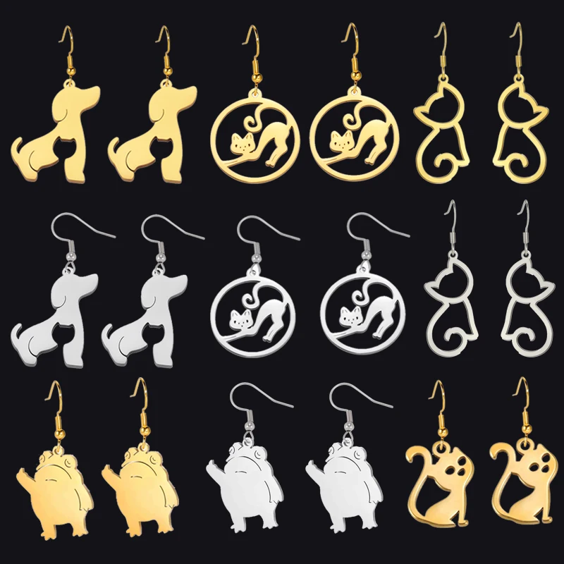Cartoon Tier Ohrringe Edelstahl Katze Tropfen Ohrring für Frauen Mädchen Niedlichen Hund Anhänger Lustige Schmuck Zubehör Party Geschenke