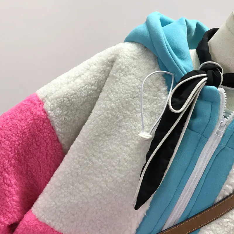 Winter Fashion Keep Warm Splicing Women Hoodie Coat Lady Sweatshirt Half Zipper Harajuku Stitching Lamb Wool Pullover Tops