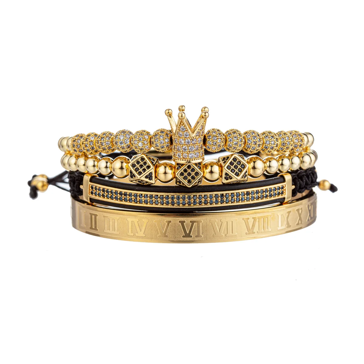 Luxury Stainless Steel Beads Royal King Crown Men Bracelet CZ Roman Bracelets & Bangles Keep Color Rock Punk Jewellery 4pcs/set stainless steel bracelet fashion bracelet fashion jewelry