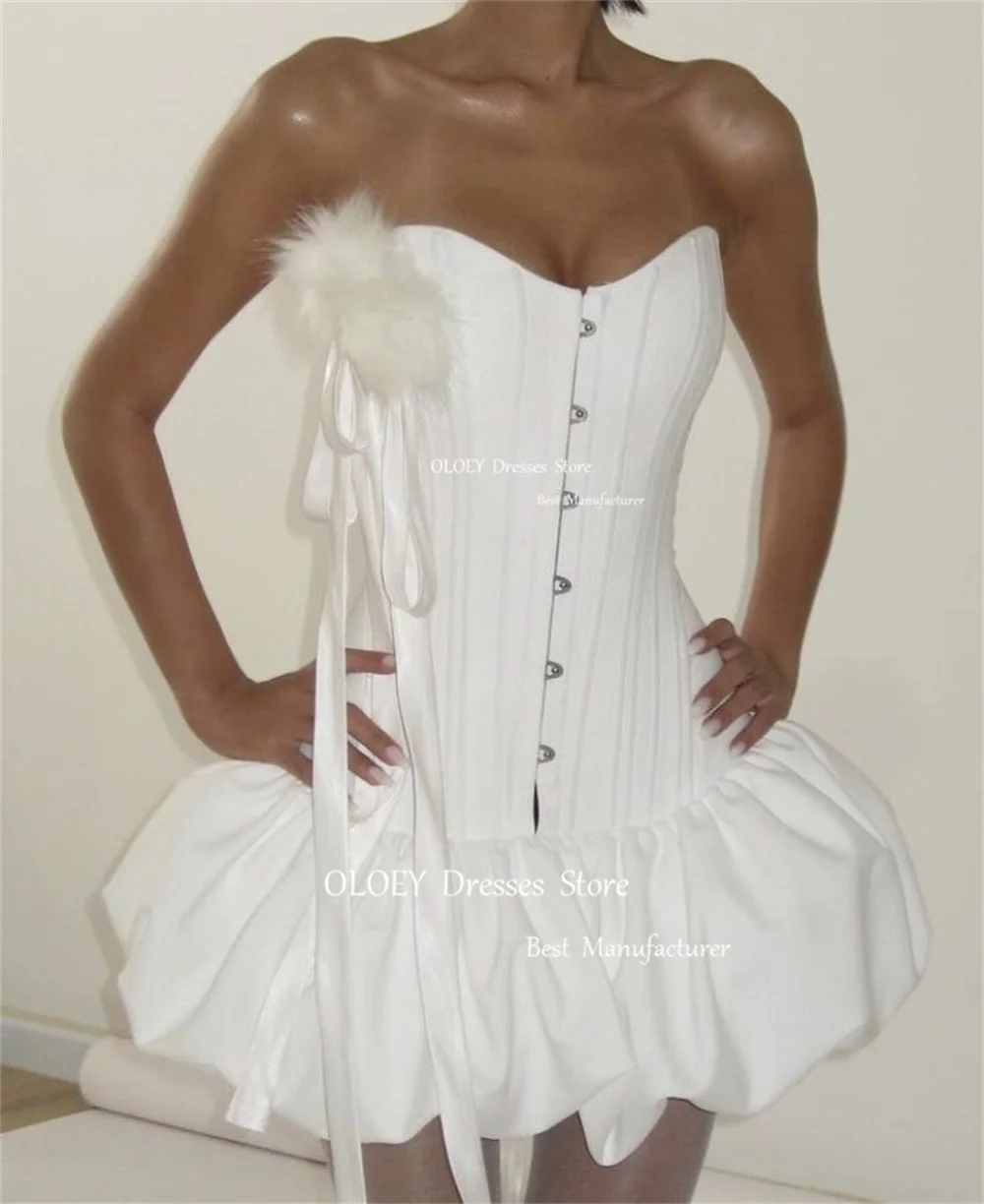OLOEY Sweethart Ivory Short Cocktail Dress Pleats Satin Sleeveless Wedding Dress Flffuy Feather Ball Wedding Party Custom