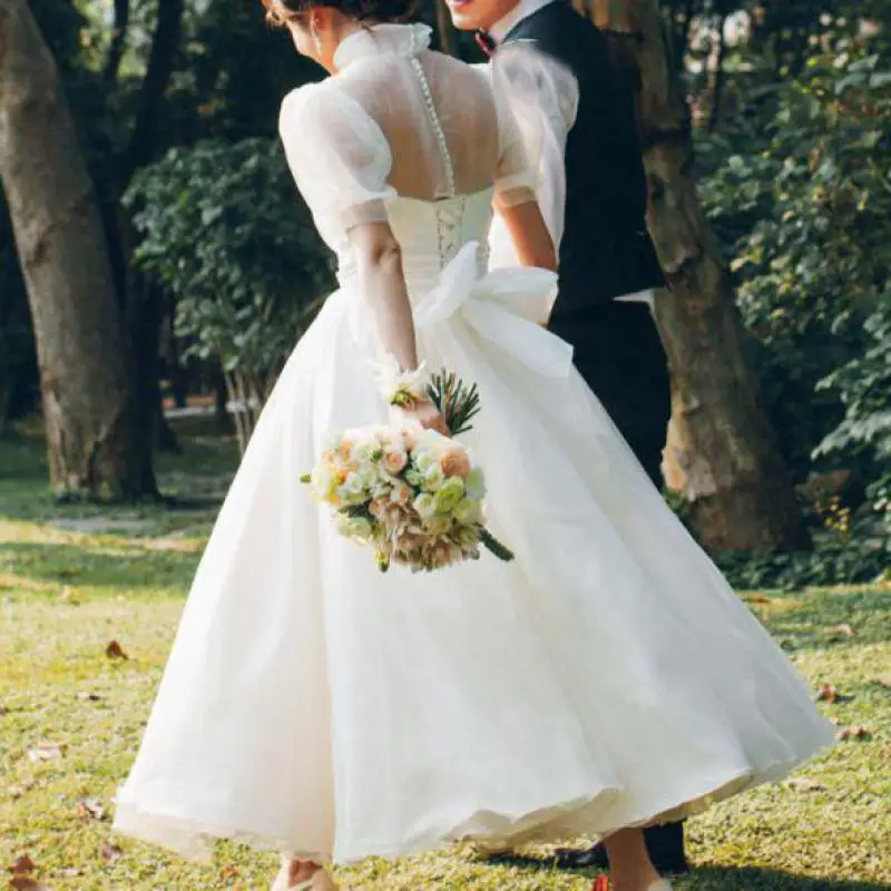 

Elegant High Neck Wedding Dresses With Vintage Puff Sleeve Sexy Illusion Backless Bridal Dress Simple Ankle-length Suknia Slubna