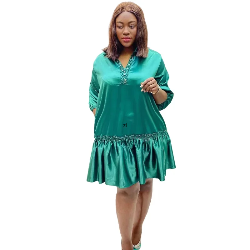 

2023 Summer Summer Fashion African Women 3/4 Sleeve V-neck Polyester White Black Blue Dress Dashiki African Dresses for Women