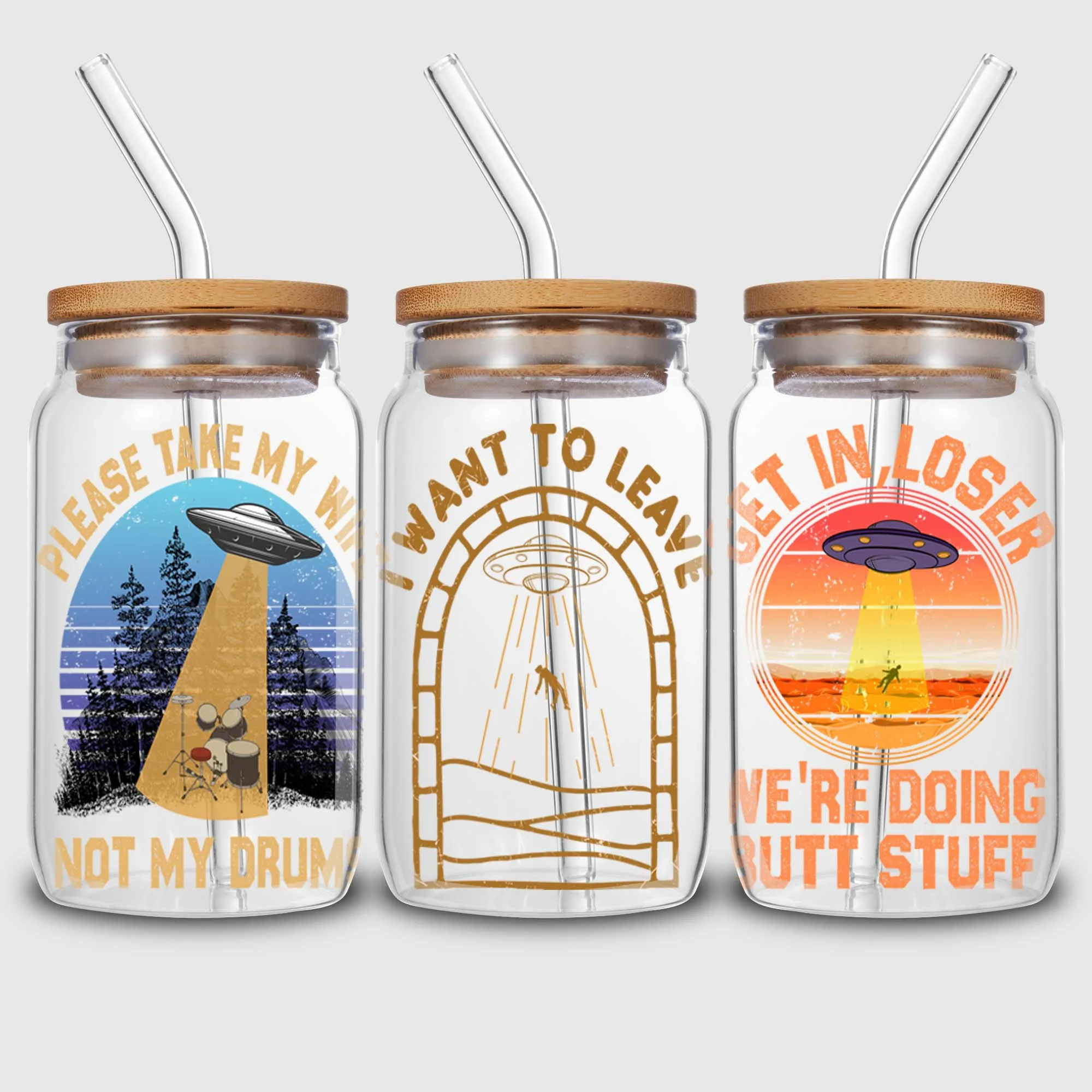 5 sheets Alien UV DTF cup holder 16 oz, fun Alien DTF cup holder transfer glass, waterproof stickers, friction transfer stickers