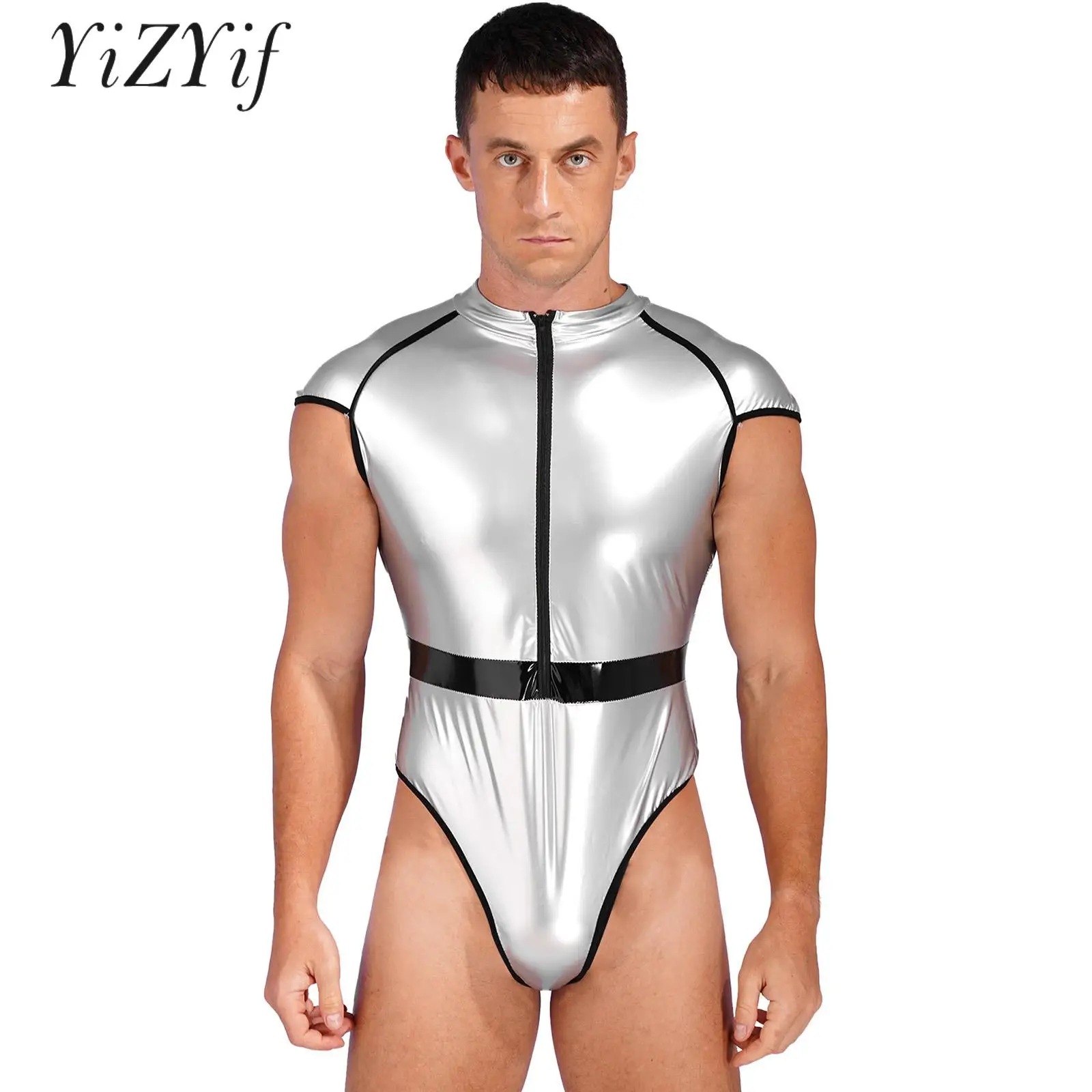 

Mens Astronaut Role Play Costume Zipper Front Metallic Bodysuit Cap Sleeve High Cut Patent Leather Catsuit Halloween Costume