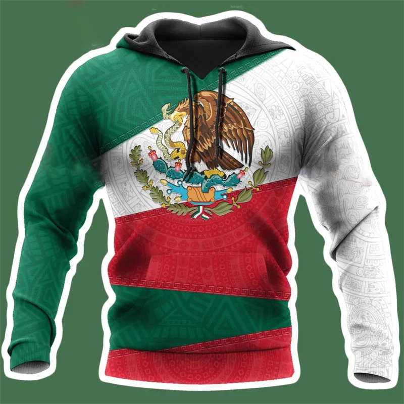 thumbnail image 1 of Sudadera con capucha con estampado 3D de la bandera de México y emblema nacional para hombre, sudadera de manga larga con estampado mexicano azteca, ropa de calle, 1 of 5