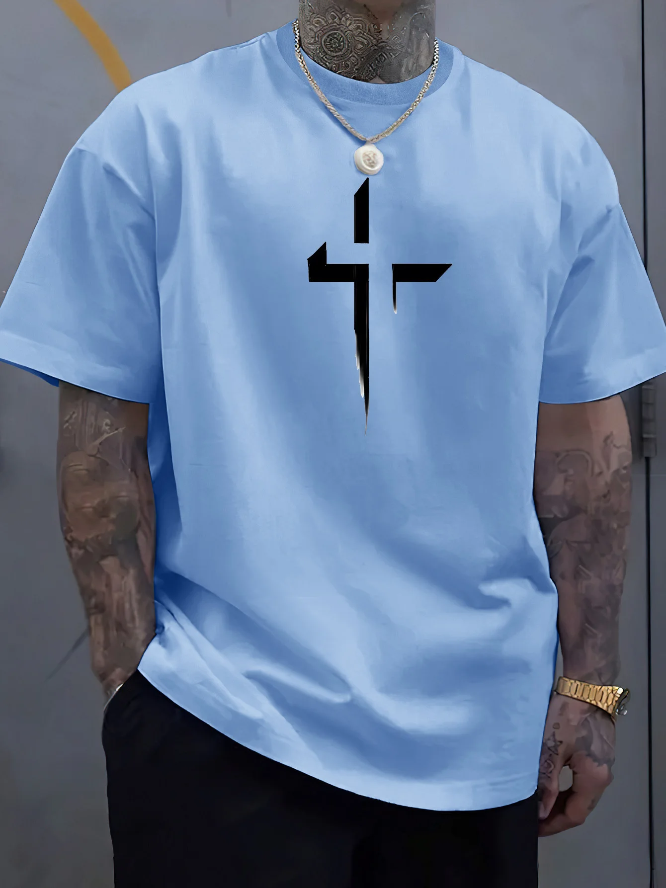 Summer men's 100% pure cotton casual loose plus size Cross Creative printed sports comfortable round neck short sleeved T-shirt - Image 4