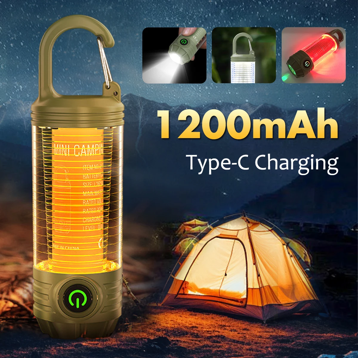 Multifunction Camping Flashlight with 6 Lighting Modes 1200mAh Battery Type-C Rechargeable IP65 Waterproof Tactical Camp Light led flashlight camping lamp camping lights
