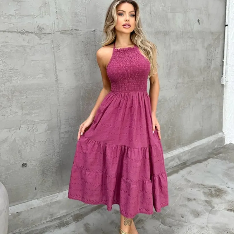 

Elegant Party Dress Women 2023 Summer New Style Fashion Halter Sleeveless Backless High Waist Midi Dress Ankara Robes Vestidos
