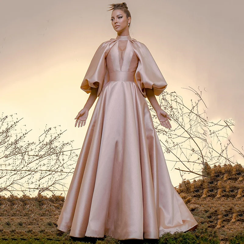 

UZN Elegant Pink A-Line Evening Dresses High Neck 3/4 Long Sleeves Prom Dress Zipper Back Saudi Arabia Party Gown Custom Size