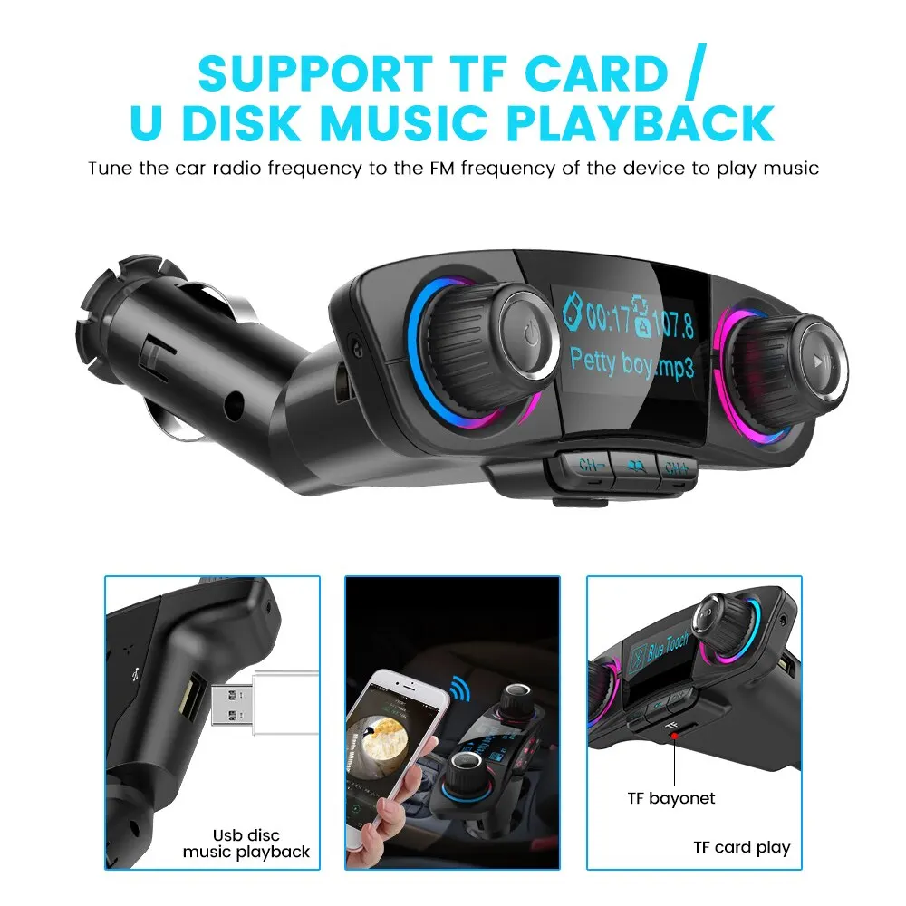 블루투스 FM 송신기 핸즈프리 자동차 키트, TF 카드, USB 플래시 드라이브, AUX 출력 포트, 듀얼 USB 고속 충전기, MP3 플레이어, BT5.0, 3.5mm
