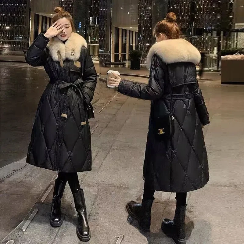 

2023 Winter Warm Faux Fur Collar Long Parka Jacket Thicken Korean Women Lace Up Parca Chaquetas Elegant Windproof Snow Wear Coat