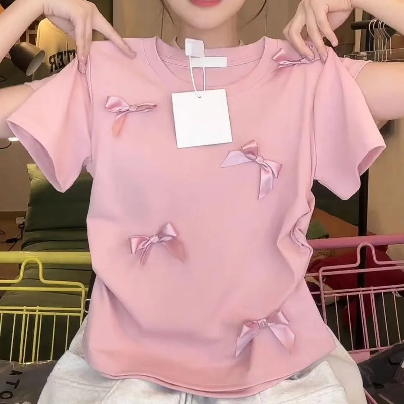 

HOUZHOU Bow Pink Short Sleeve Tshirt Women Summer Coquette Aesthetic Y2k Korean Fashion Cropped Tshirts Kawaii Japanese Style
