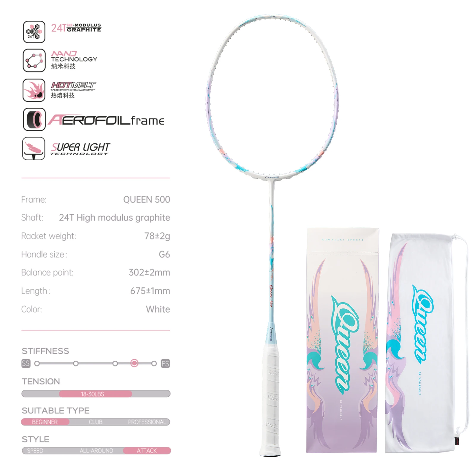 Kawasaki QUEEN 500 Light Badminton Racket 5U Full Carbon Fiber Flexible Offensive Kawasaki Racket Free 1pc Cover + 2pcs Overgrip