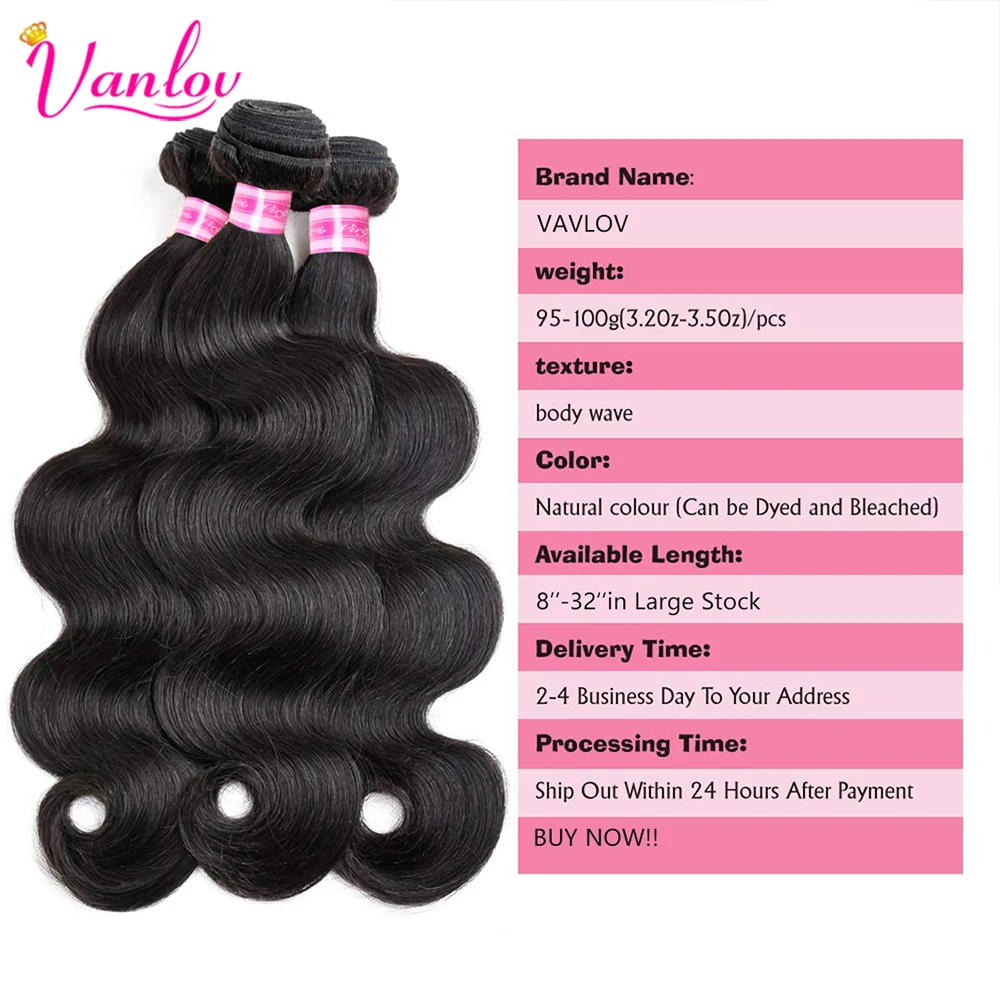 Vanlov Brazilian Body Wave Hair Bundles Human Hair Weave Bundles Natural Black/Jet Black 1/3/4 Piece 8-30” Remy Hair Extensions 2