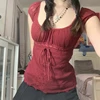 Elegant Lady Square Collar T-shirt Kawaii Bow Short Sleeve Pullovers Tees Y2K Vintage Fairy Grunge Women Crop Top Retro Clothes 1