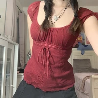 Elegant Lady Square Collar T-shirt Kawaii Bow Short Sleeve Pullovers Tees Y2K Vintage Fairy Grunge Women Crop Top Retro Clothes 1