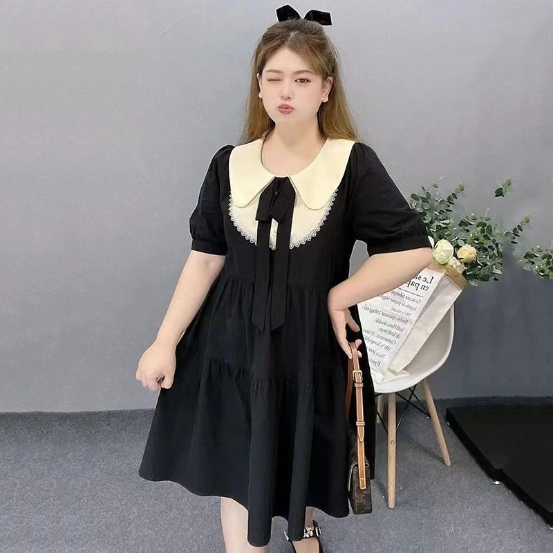 

Lolita Dress for Women Doll Collar Sweet Kawaii Bow Oversize Dresses Female Preppy Students Summer Cute Puff Sleeve Dress 8XL
