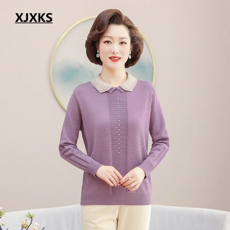 

XJXKS, новинка сезона весна-Зима 2023, высококачественный шерстяной вязаный пуловер, женский свитер свободного кроя с отворотом