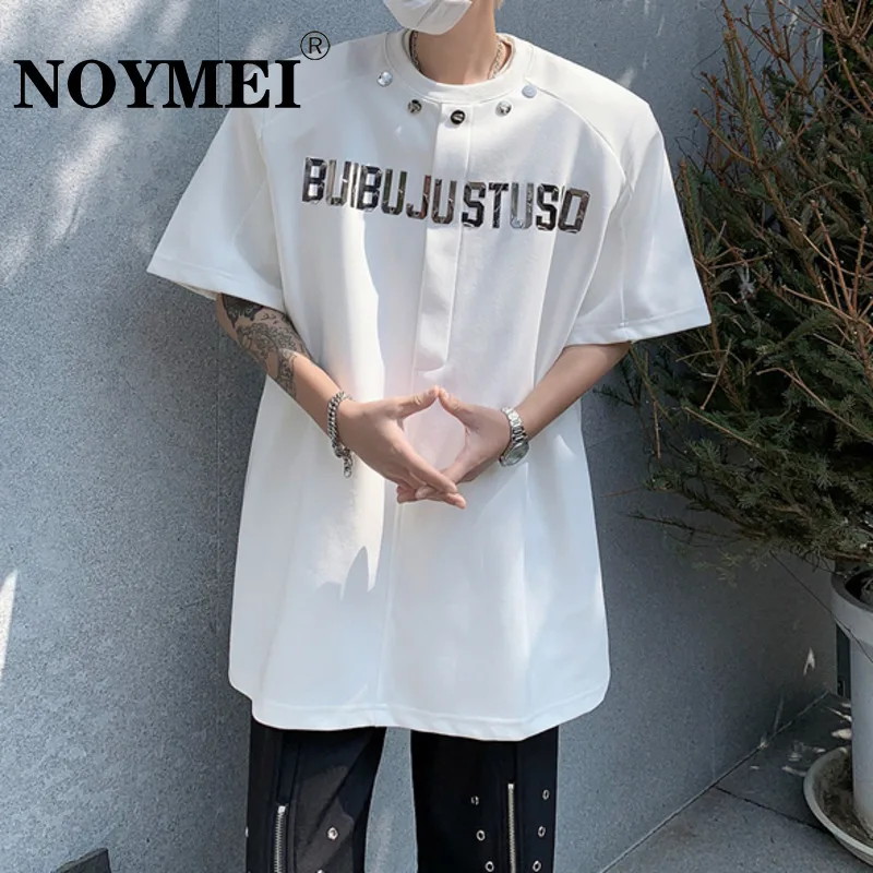 

NOYMEI Short Sleeve Gold Stamp Letter Decoration Rivet Round Neck 2024 Summer White New T-shirt Trendy Male Top Chic WA4335