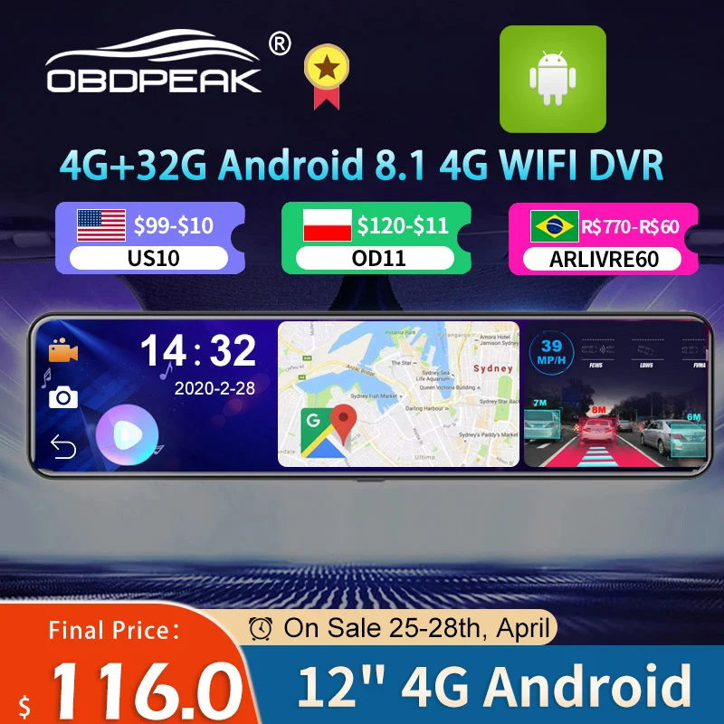 Bey top D91 12 "جهاز تسجيل فيديو رقمي للسيارات مرآة الرؤية الخلفية 4G أندرويد 8.1 داش كام لتحديد المواقع والملاحة ADAS كامل HD 1080P كاميرا فيديو سيارة مسجل DVRS