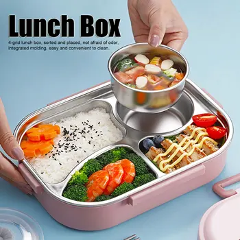 Food Storage Container Dinnerware Stainless Steel Lunch Box 4‑Grid Portable Bento Box Food Storage Container for Student Adult 1