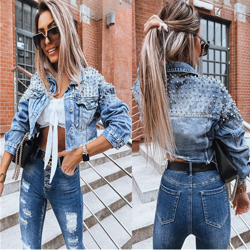 

Western Cowboy Style Studded Decoration Jacket Women's Lapel Single-breasted Short Coat Trend Streetwear Female Casual Outerwear
