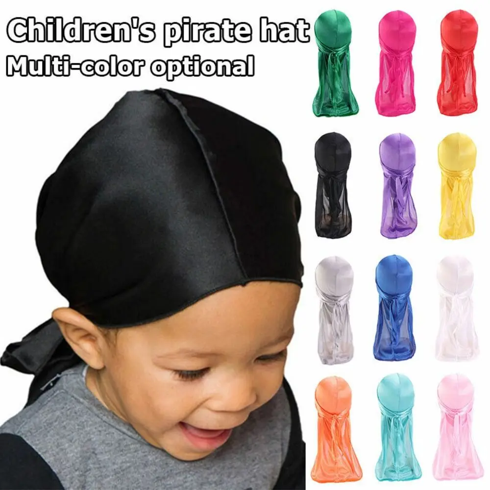 

2Pcs Durag Pirate Hat Cap Pirate Imitation Silk Baby Turban Hijab Long Tail Pre-Tied Elastic Headwrap Boy