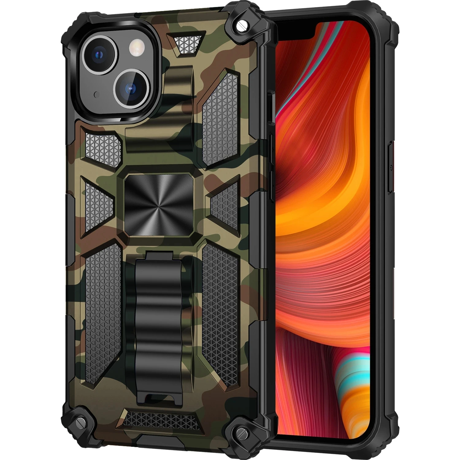 

For iPhone 11 12 13 14 15Pro MAX MINI X XR XSMAX XS SE 6 7 8 PLUS Hybrid Armor Military Grade Camouflage Built-in Kickstand Case