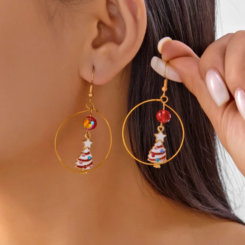 Cute Christmas Earrings Xmas Tree Snowman Colorful Beads Hoop Drop Earring New Year Party Jewelry Gift for Women Girls