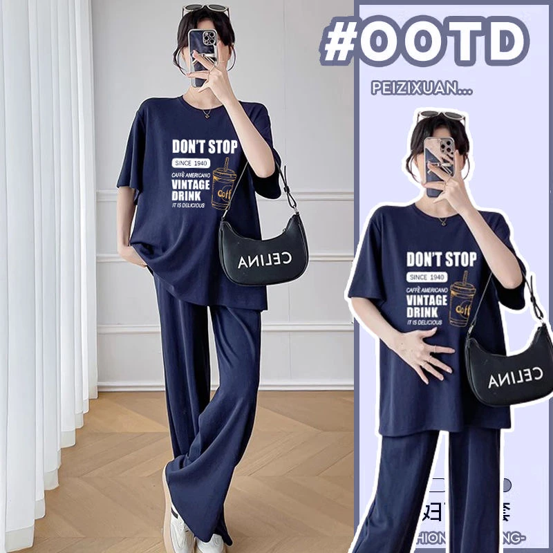 여름 의상 출산 세트 루즈한 디자인 투피스 슈트 4가지 색상 한국 스타일 코튼 이너 임산부를 위한 여름 패션