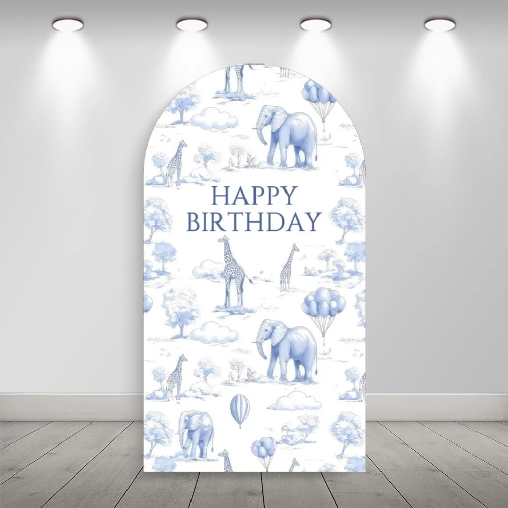 Blue Safari Floral Arch Backdrop Elephant Giraffe Pattern Decor Happy Birthday For Kids Party Photo Booth Background Decoration 3