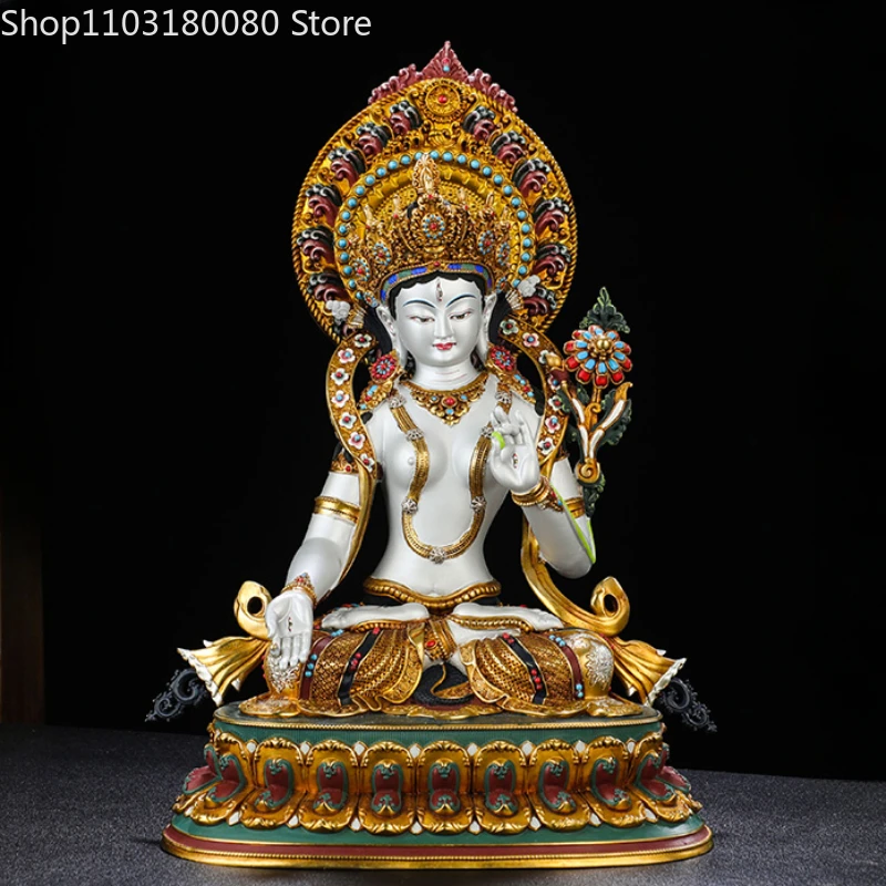 

Nepal Hand- painted White Tara Buddha statue with backlit Tibet buddhism Guanyin goddess sculpture Large size