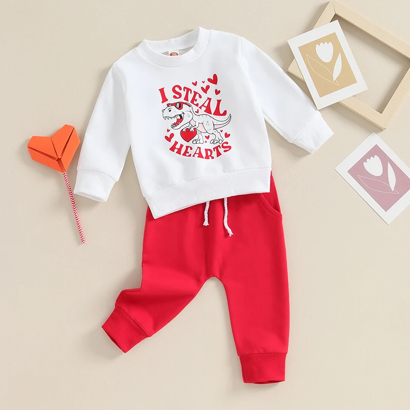 

Wankitoi Toddler Baby Boy Valentines Day Outfit I Steal Hearts Long Sleeve Sweatshirt Pullover Jogger Pants 2PCS Set Clothes