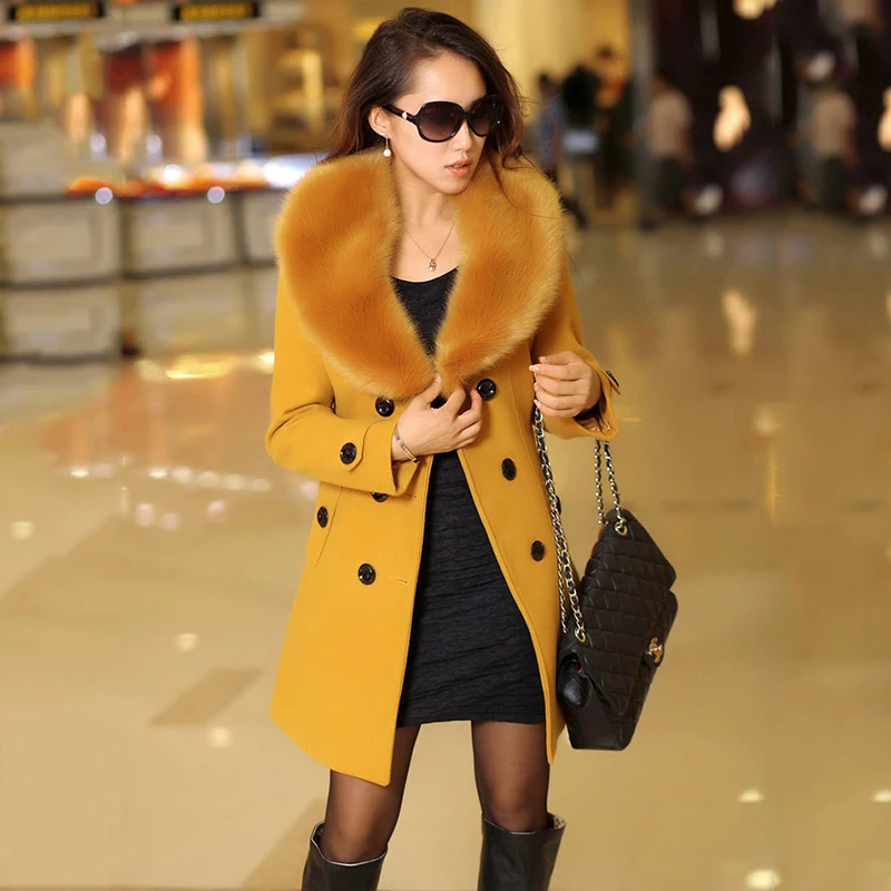 Womens Faux Fur Collar Solid Trench Coats Lady Slim Double Breasted Woolen Jackets Coat New Autumn Winter Female Outwear 5XL