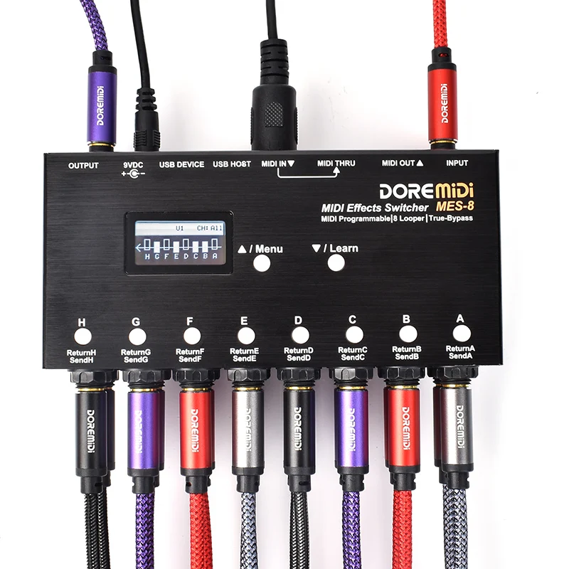 DOREMiDi MIDI 효과 스위처(MES-8)는 제어된 오디오 효과를 활성화하고 바이패스할 수 있는 컨트롤러입니다.