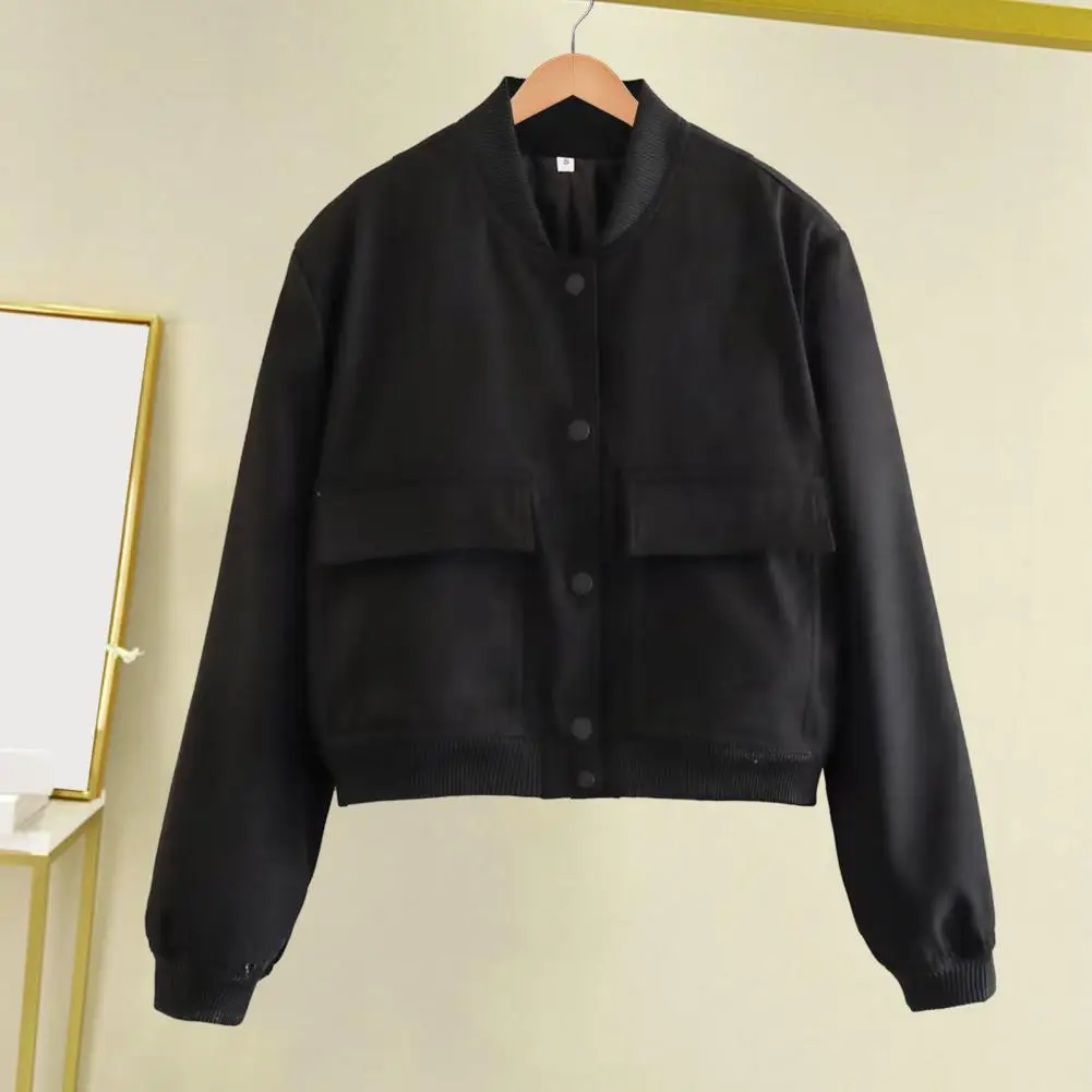 

Soft Fabric Bomber Jacket Stylish Women's Bomber Jacket with Stand Collar Button Closure Large Pockets Trendy for Ladies