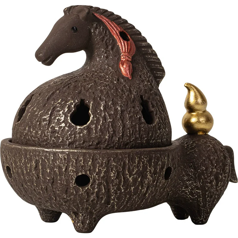 Antique Zisha Tang Horse Incense Burner, Ceramic Censer for Stick Incense, Fortune Horse Statue Home Decor, Zen Desktop Ornament