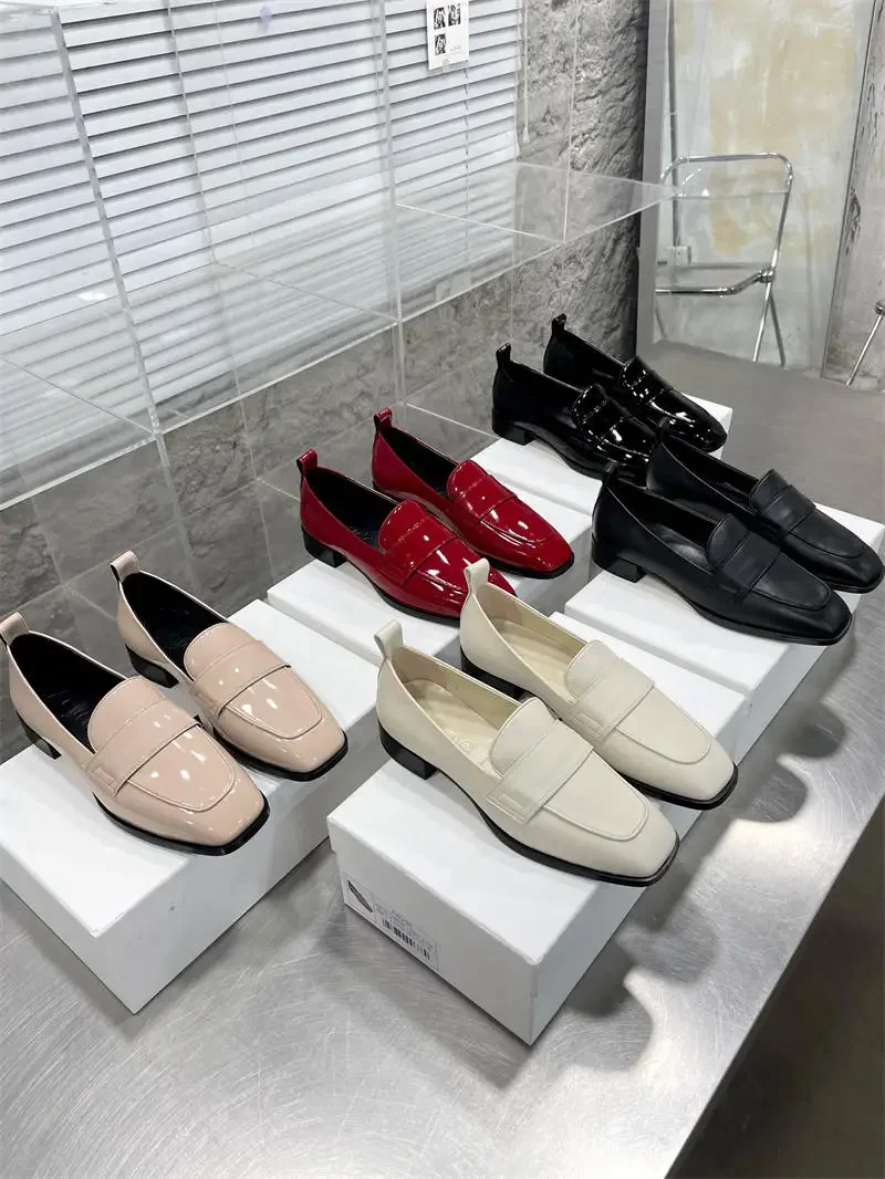 

European and American style new square toe genuine leather loafers, low heels, retro comfortable casual shoes, women's shoes