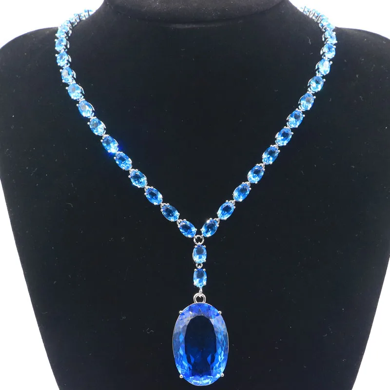 33g Customized 925 SOLID STERLING SILVER NECKLACE CHAIN Elegant Oval Gemstone Pink Kunzite Swiss Blue Topaz Morganite High Trend